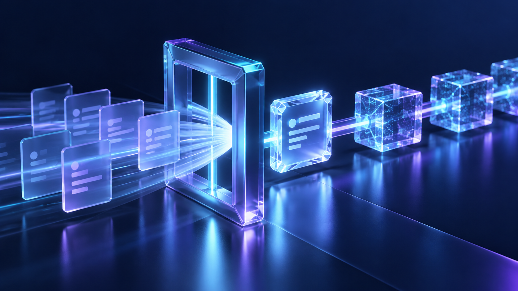 Translucent request tiles pass through a verification gate into a luminous settlement receipt.