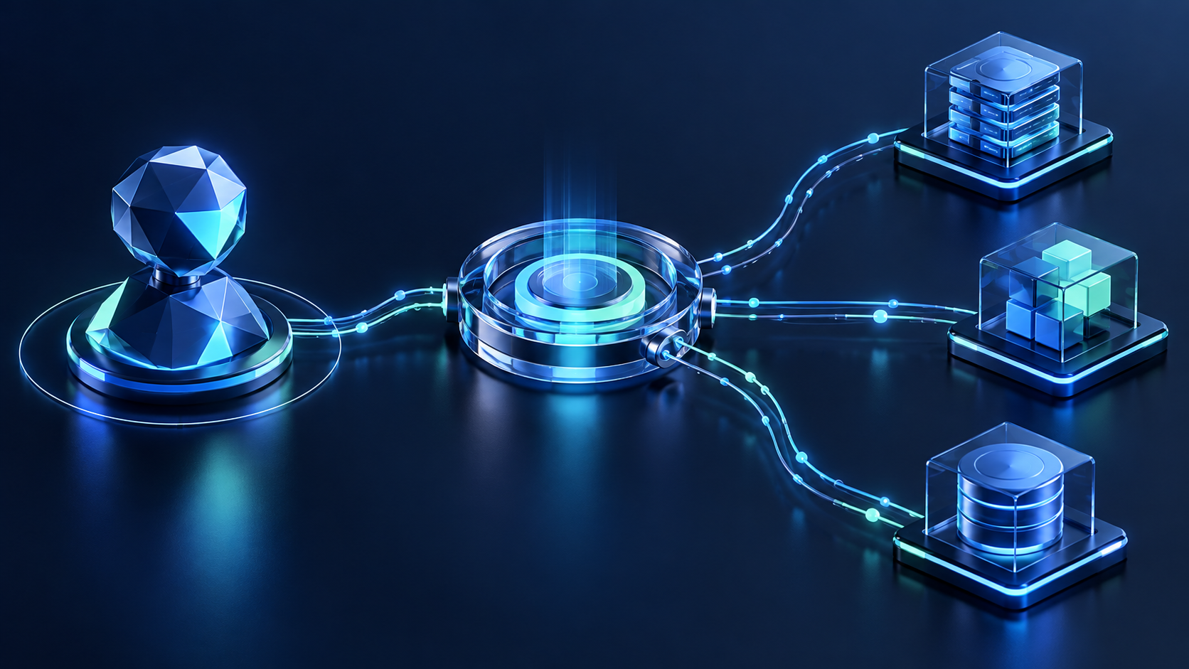 A faceted agent connects to API service modules through a luminous payment gateway.