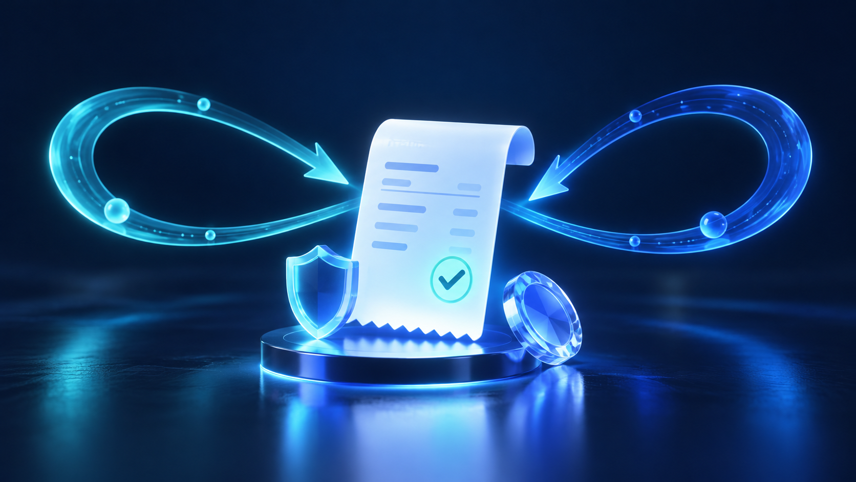 Glowing payment paths return to a single receipt beside a protective shield.